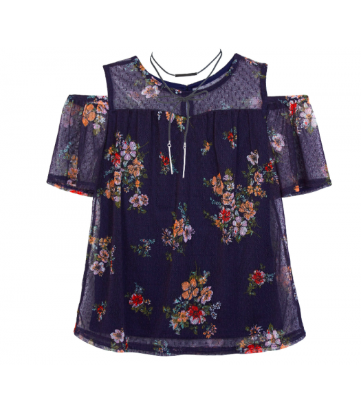 By & By Girl Navy With Pink Flower Cold Shoulder Blouse 